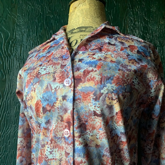 Handmade Vintage 1970 knee length poly secretary dress with collar browns & blue - Picture 6 of 12